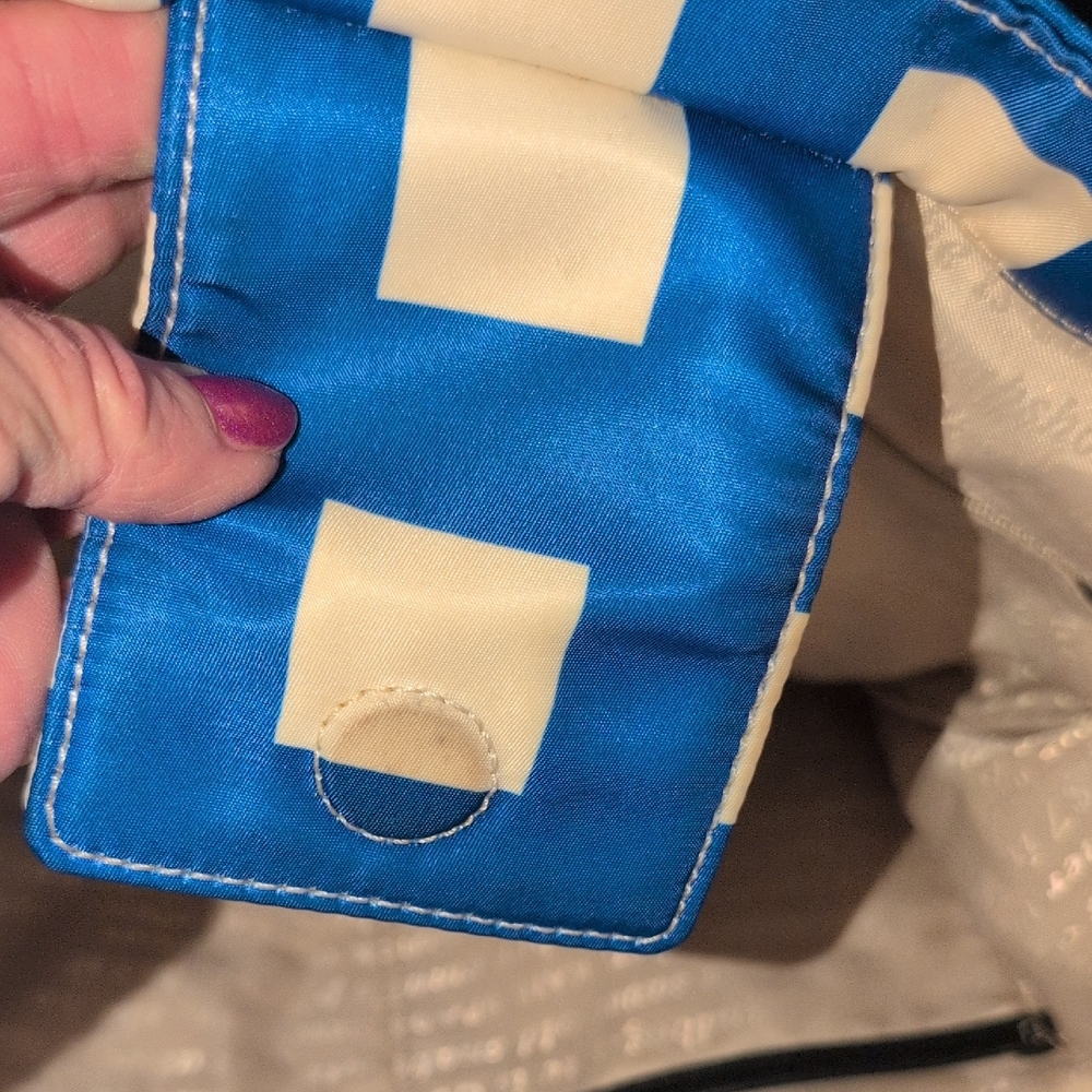 Kate Spade Blue and Cream Square Pattern Tote With Black Leather Handles - Picture 12 of 13